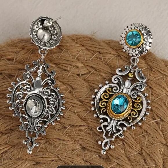 Vintage Blue Topaz Crystal Zircon Two Tone Dangle Earrings - Picture 5 of 7